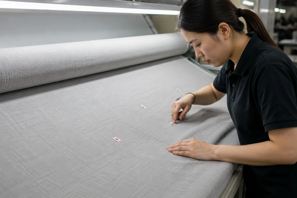 Fabric inspection showing material defects before garment cutting Fabric inspection showing material defects before garment cutting