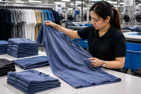 Quality control inspection of washed garments for color and finishing defects Quality control inspection of washed garments for color and finishing defects