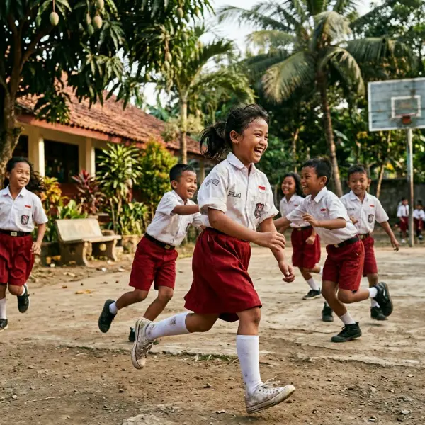 Ultra realistic editorial photography of Indonesian school children actively playing outdoors while wearing school uniforms, focus on realistic movement, fabric stress areas on elbows and shoulders, natural tropical schoolyard lighting, authentic student activity, clean composition, no text overlay, no futuristic elements