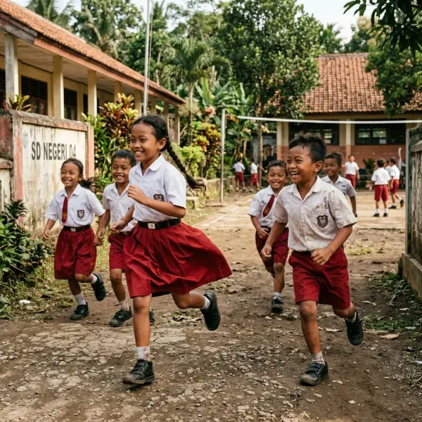 Anak sekolah aktif bergerak menggunakan seragam dengan kain yang tahan gesekan
