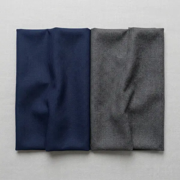 Flatlay dua kain oxford dan woven blend untuk seragam sekolah formal dengan tekstur rapi dan nyaman