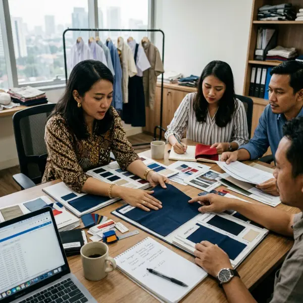 Tim sourcing memilih kain seragam sekolah berdasarkan kualitas dan kebutuhan penggunaan