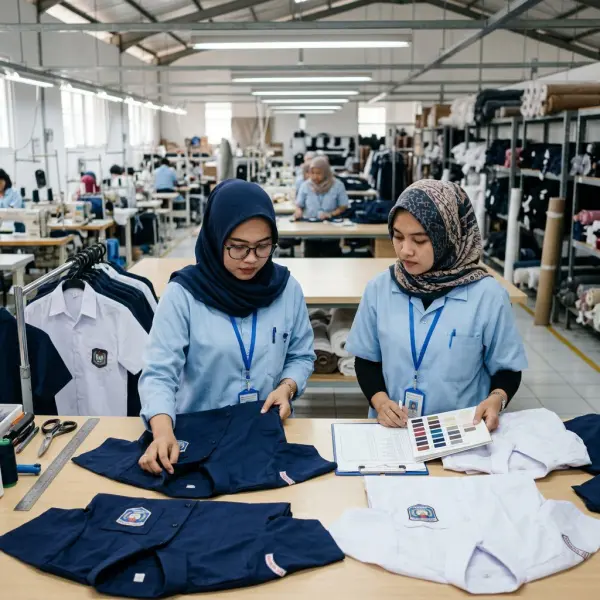 Tim quality control memeriksa kualitas kain dan warna seragam sekolah di pabrik garment