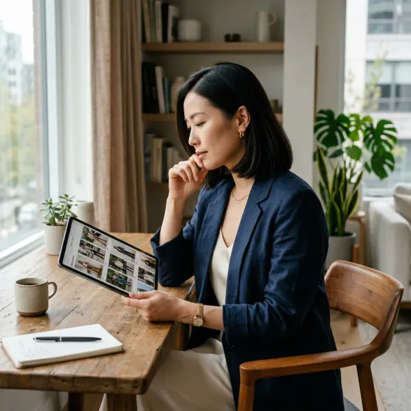 Ultra realistic editorial photography showing a professional reflecting on personal style growth while reviewing fashion photos on a tablet, modern interior setting, thoughtful expression, soft natural lighting, clean composition, premium editorial quality, no text overlay