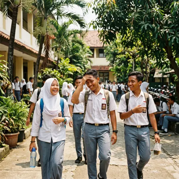 Anak sekolah memakai seragam di lingkungan sekolah tropis yang panas Anak sekolah memakai seragam di lingkungan sekolah tropis yang panas
