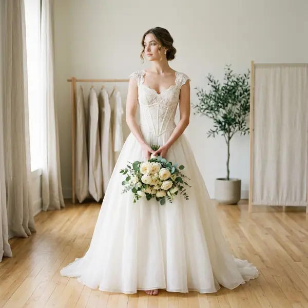 Basque waist lace wedding dress with vintage-inspired bridal silhouette and modern construction details Basque waist lace wedding dress with vintage-inspired bridal silhouette and modern construction details