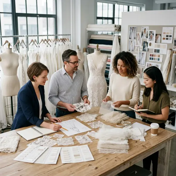 Bridal product development team reviewing wedding dress trends, fabrics, lace samples, and gown sketches for 2026 collection planning Bridal product development team reviewing wedding dress trends, fabrics, lace samples, and gown sketches for 2026 collection planning