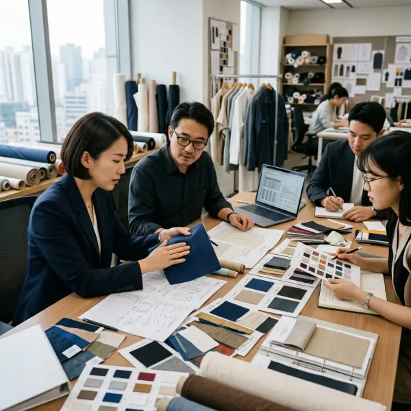 Tim sourcing fashion mengevaluasi berbagai jenis kain untuk koleksi baru