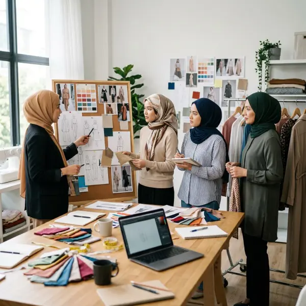 tim fashion meninjau styling board untuk koleksi muslim yang tampak segar