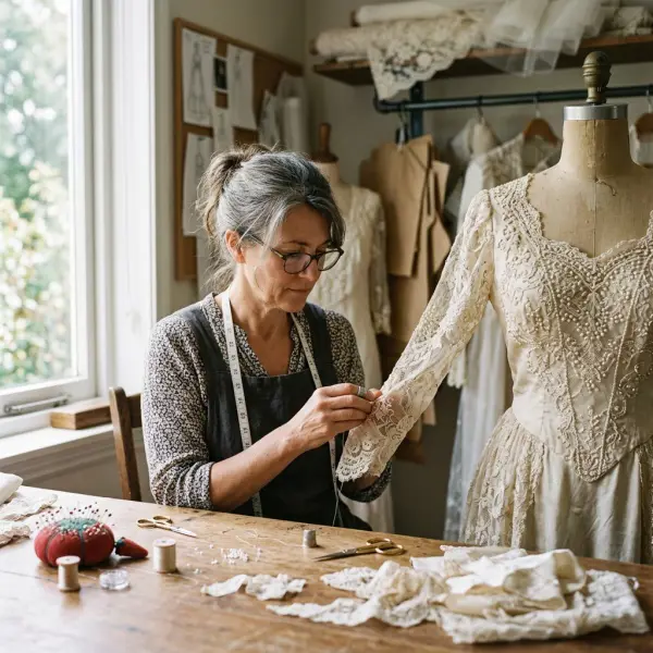 Seamstress redesigning an heirloom wedding dress with lace, pearls, and modern bridal tailoring details Seamstress redesigning an heirloom wedding dress with lace, pearls, and modern bridal tailoring details