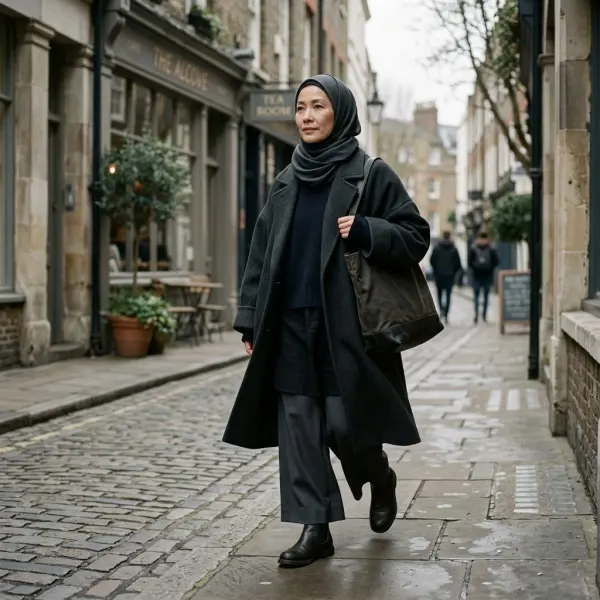 ilustrasi outfit fashion muslim dengan kesalahan styling yang membuat tampilan terlihat lebih tua