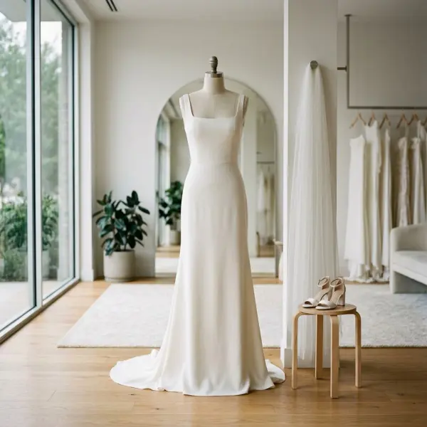 Minimalist wedding dress in a modern bridal boutique with clean silhouette and refined fabric finish Minimalist wedding dress in a modern bridal boutique with clean silhouette and refined fabric finish