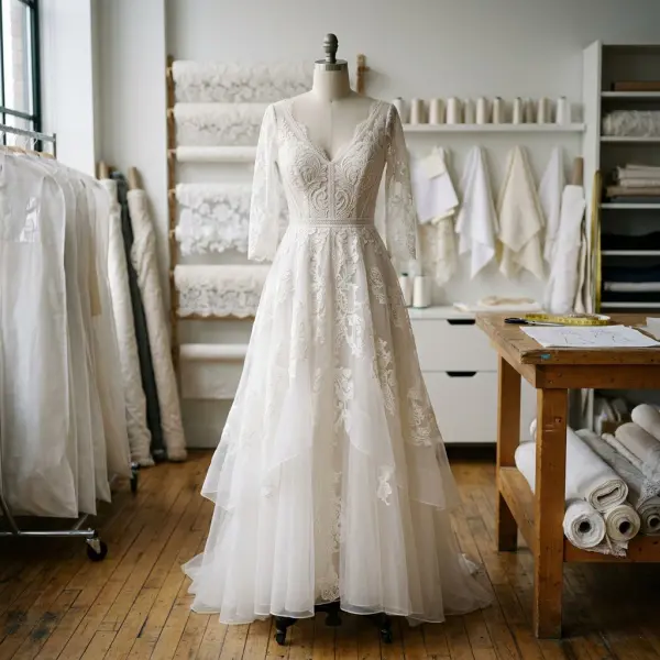 Modern lace wedding dress with refined bridal construction and delicate fabric texture for 2026 bridal fashion Modern lace wedding dress with refined bridal construction and delicate fabric texture for 2026 bridal fashion