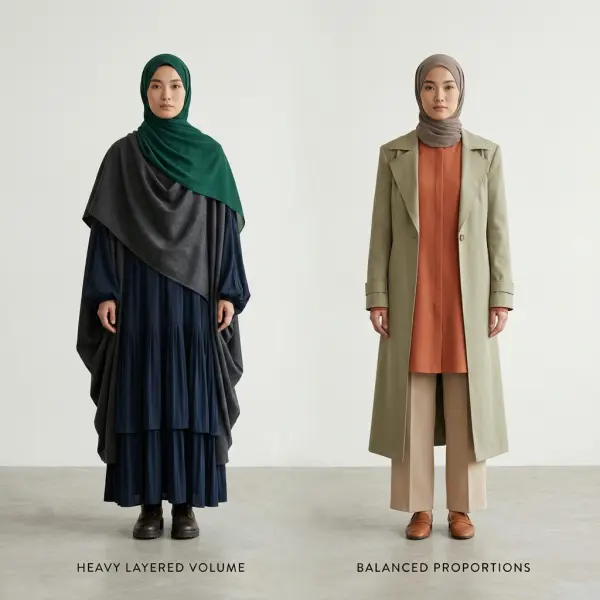 perbandingan siluet outfit muslim yang ringan dan proporsional untuk tampilan segar