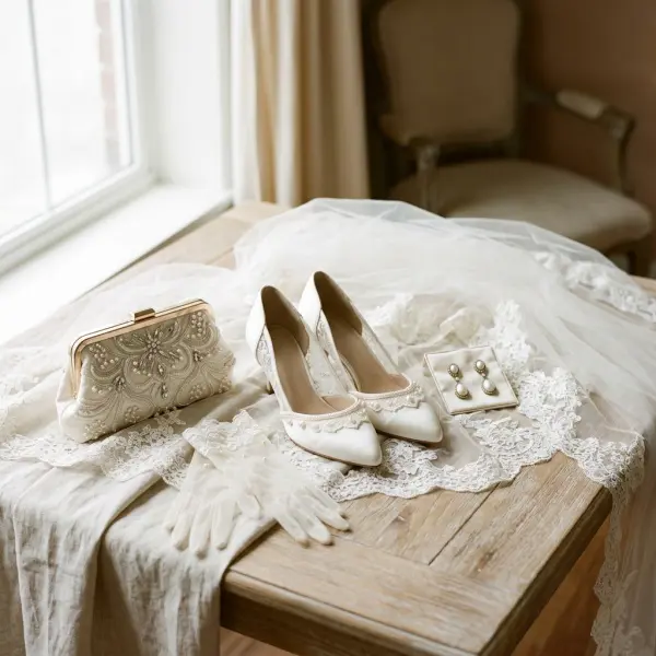 Vintage-inspired bridal styling with lace gown, pearl earrings, gloves, veil, and modern wedding accessories Vintage-inspired bridal styling with lace gown, pearl earrings, gloves, veil, and modern wedding accessories