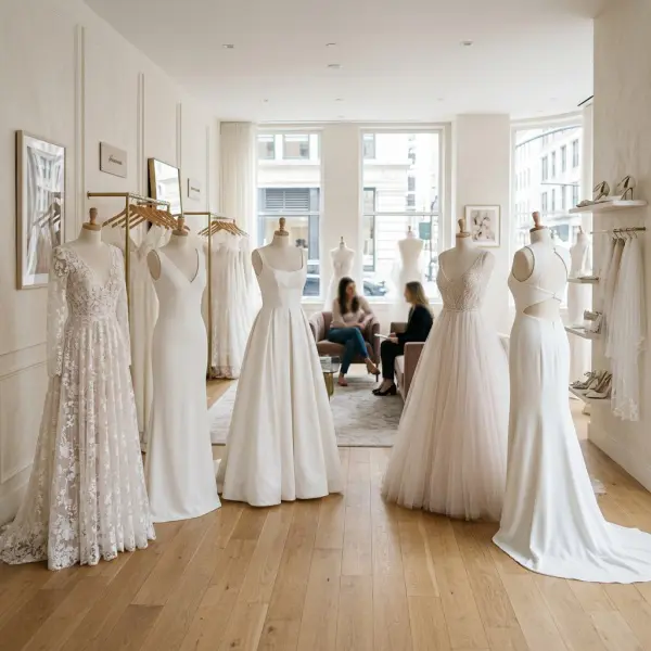 Modern bridal boutique showcasing 2026 wedding dress trends with lace gowns, minimalist silhouettes, and sculptural bridal designs Modern bridal boutique showcasing 2026 wedding dress trends with lace gowns, minimalist silhouettes, and sculptural bridal designs