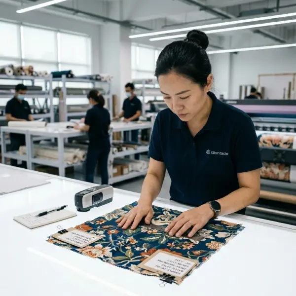 Pemeriksaan hasil digital printing pada kain di meja quality control fashion