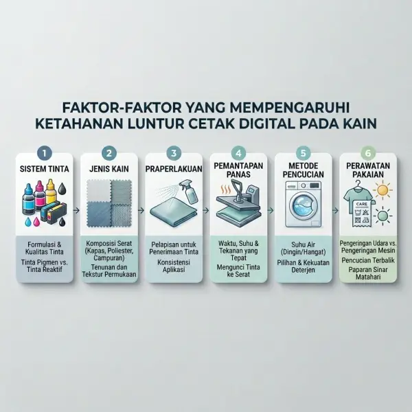 Diagram sederhana faktor yang memengaruhi ketahanan warna digital printing pada kain
