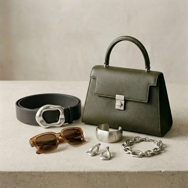 Fashion accessories trends for 2026 featuring a structured bag, statement jewelry, bold belt, and oversized sunglasses