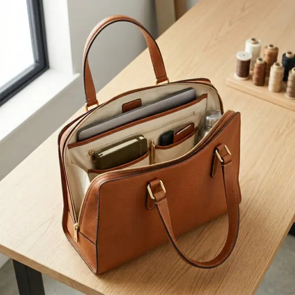 Large structured handbag with practical compartments and decorative hardware representing 2026 bag trends