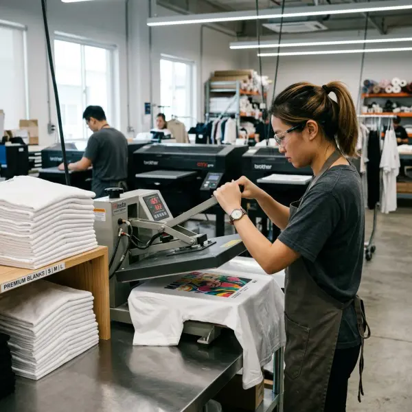 Operator menggunakan heat press untuk curing hasil digital printing pada kaus