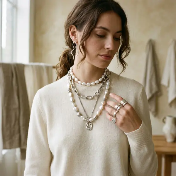 Layered necklaces, contemporary pearls, silver rings, and statement earrings for 2026