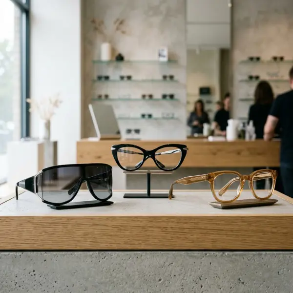 Oversized shield sunglasses and colorful acetate frames representing eyewear trends in 2026