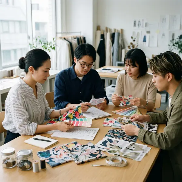 Tim fashion meninjau sampel kain digital printing dan lembar kontrol kualitas