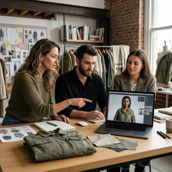 Fashion brand team planning avatar-based digital garment marketing