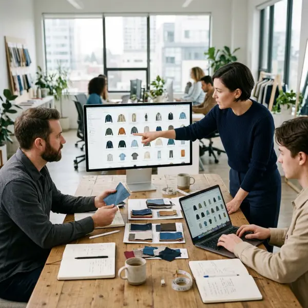Fashion team organizing digital garment assets for product development and marketing