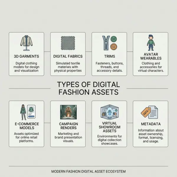 Diagram showing types of digital fashion assets used by fashion businesses Diagram showing types of digital fashion assets used by fashion businesses