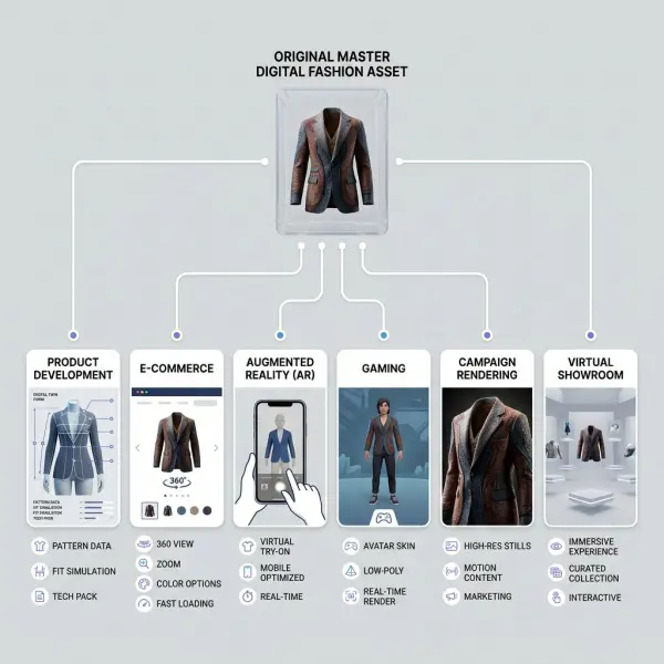 Workflow showing digital fashion asset versions for different platforms Workflow showing digital fashion asset versions for different platforms