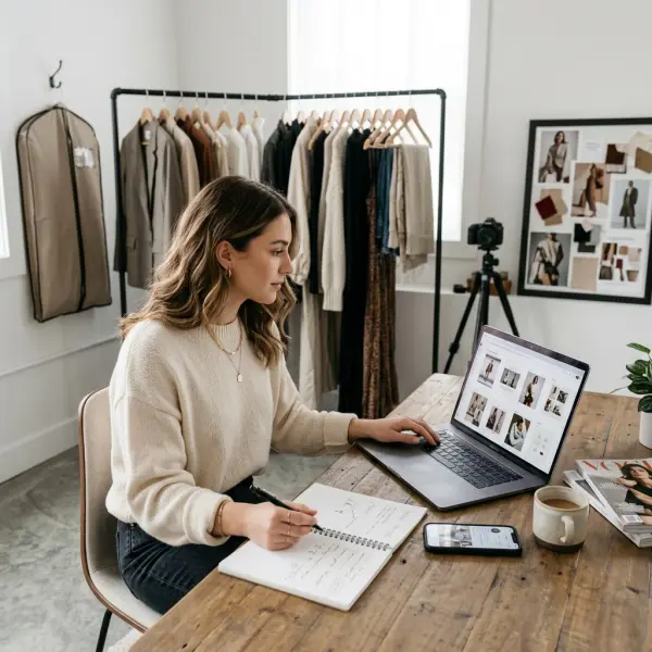 Fashion content creator reviewing a digital garment campaign concept Fashion content creator reviewing a digital garment campaign concept