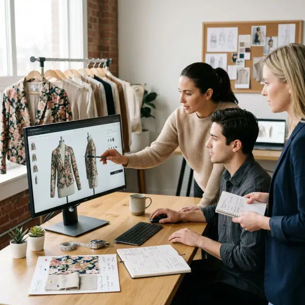 Fashion e-commerce team reviewing digital garment visualization for an online store Fashion e-commerce team reviewing digital garment visualization for an online store