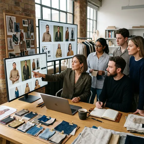 Fashion marketing team creating campaign visuals using digital garments Fashion marketing team creating campaign visuals using digital garments