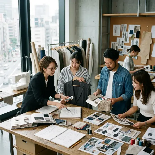 tim desain fashion sedang mengevaluasi koleksi pakaian baru di studio desain tim desain fashion sedang mengevaluasi koleksi pakaian baru di studio desain