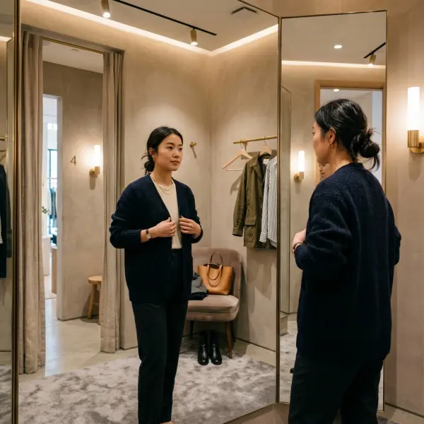 pelanggan mencoba pakaian di ruang ganti toko fashion modern pelanggan mencoba pakaian di ruang ganti toko fashion modern