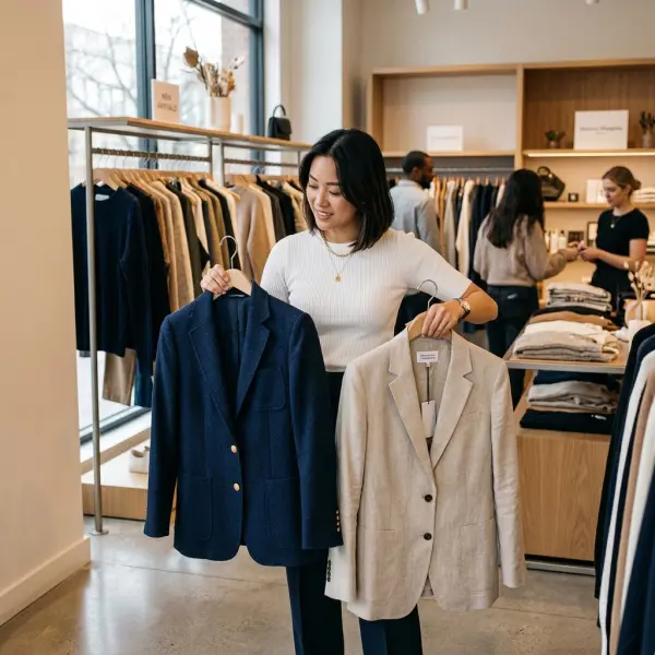 pelanggan membandingkan dua blazer di dalam toko fashion modern pelanggan membandingkan dua blazer di dalam toko fashion modern