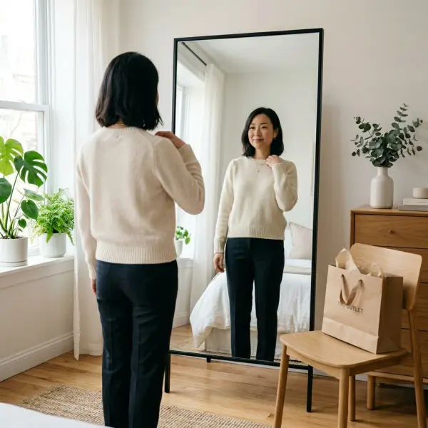 foto editorial realistis seseorang tersenyum saat mencoba baju baru di kamar dengan cahaya natural foto editorial realistis seseorang tersenyum saat mencoba baju baru di kamar dengan cahaya natural