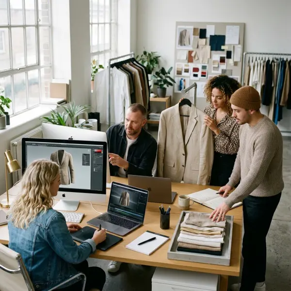 Creative team producing multiple fashion content formats from digital garment assets Creative team producing multiple fashion content formats from digital garment assets