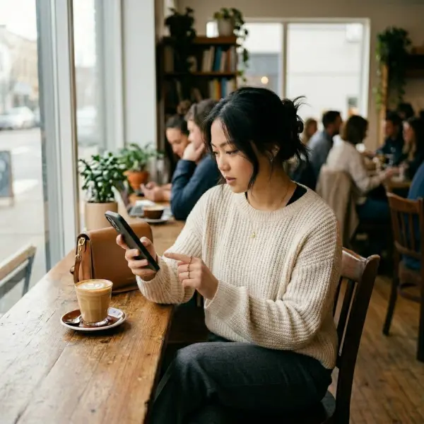 seseorang melihat inspirasi outfit melalui media sosial di smartphone seseorang melihat inspirasi outfit melalui media sosial di smartphone
