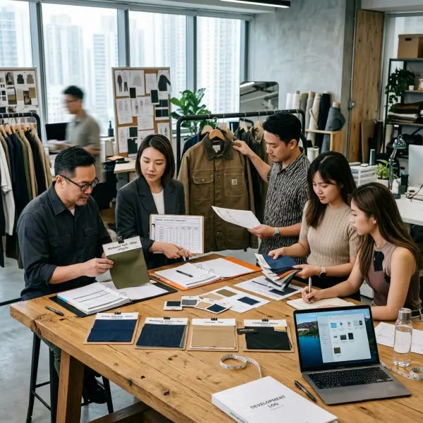 tim pengembangan produk mengevaluasi pilihan utility fabric dan workwear fabric