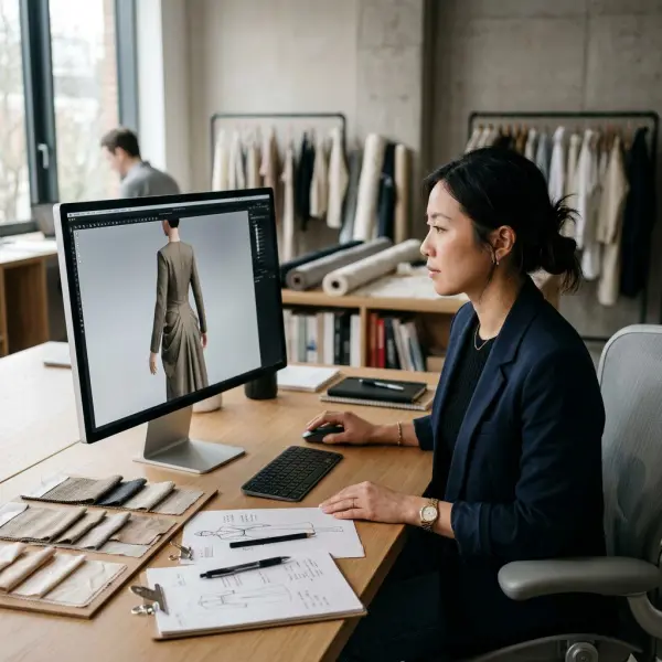 Designer reviewing a realistic digital garment in a fashion studio