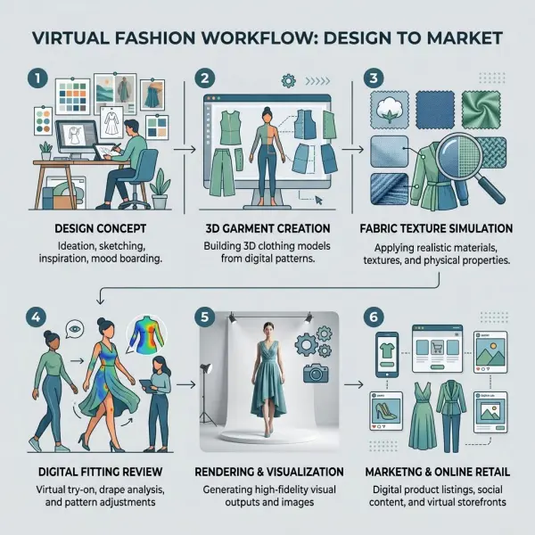 Simple workflow showing how a digital garment is developed for virtual fashion use