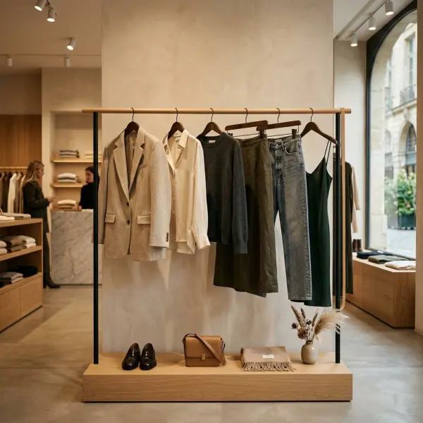 retail display showing a brand evolving from trend pieces to refined wardrobe essentials