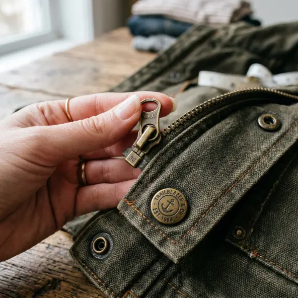 Pemeriksaan detail ritsleting dan kancing pada jaket branded bekas Pemeriksaan detail ritsleting dan kancing pada jaket branded bekas