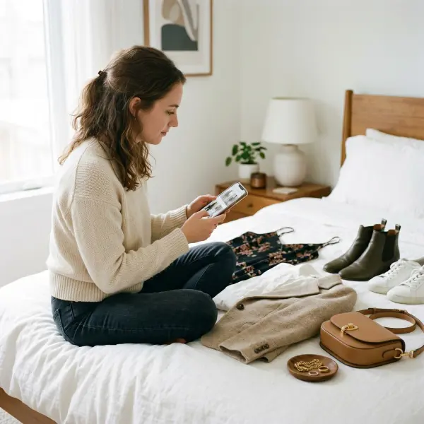 consumer exploring personal style inspiration on a smartphone beside clothing and accessories