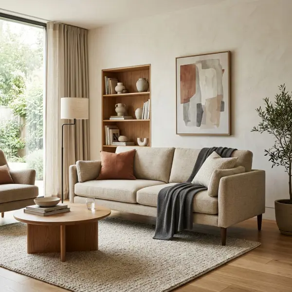 Sofa elegan dengan upholstery fabric premium dalam interior rumah modern Sofa elegan dengan upholstery fabric premium dalam interior rumah modern