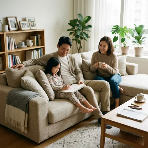 Sofa dengan upholstery fabric pada ruang keluarga yang aktif digunakan Sofa dengan upholstery fabric pada ruang keluarga yang aktif digunakan