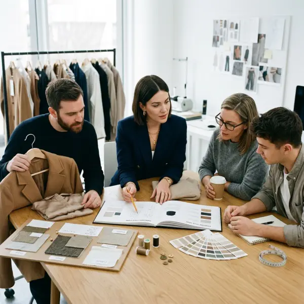 fashion brand team reviewing a signature style guide with fabric swatches and product samples fashion brand team reviewing a signature style guide with fabric swatches and product samples